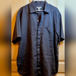 Zegna Sport L Men's Linen Navy Blue Short Sleeve Shirt